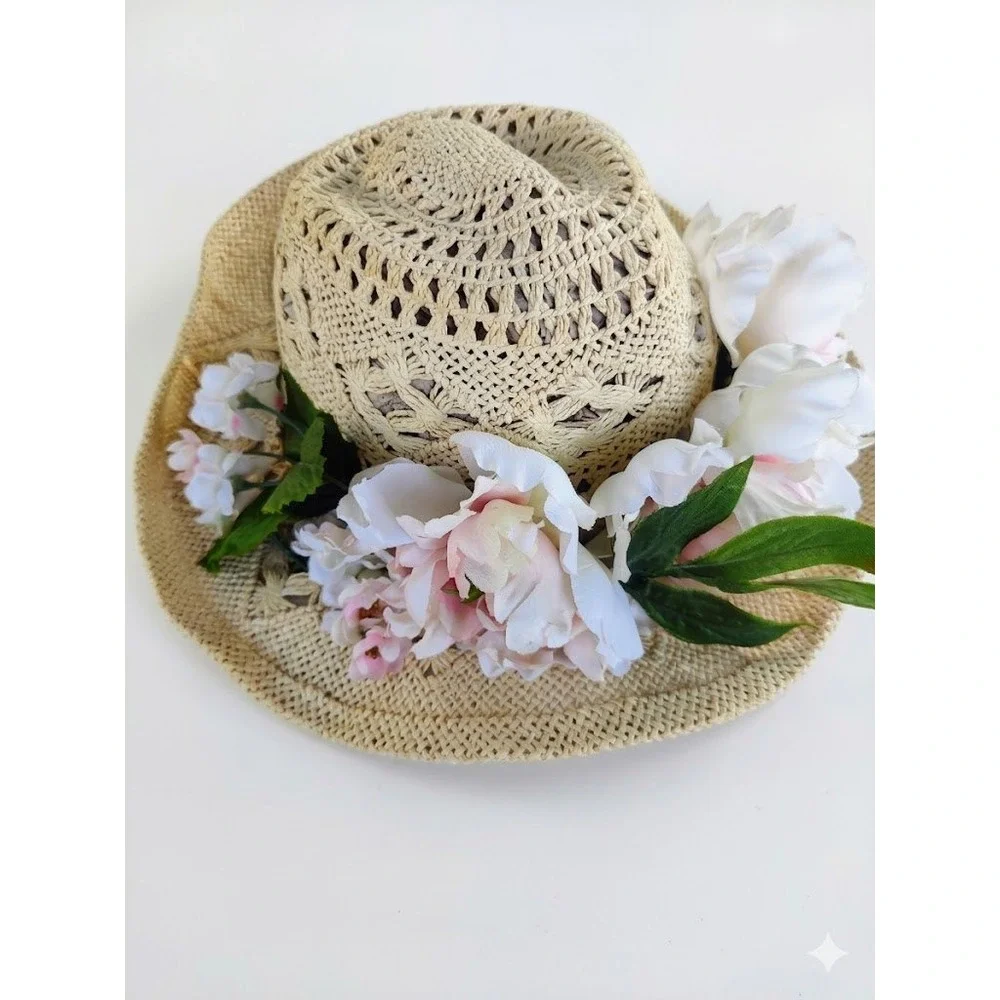 Boho Floral Straw Fedora Wide Brim Sun Hat Peony Accents‎ Gold Ring Detail Strap